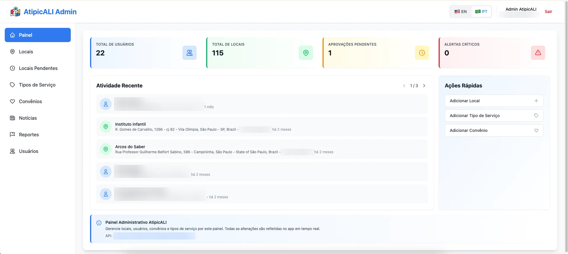 The admin app — approve places, moderate the community wall, publish news and handle reports (user data blurred).