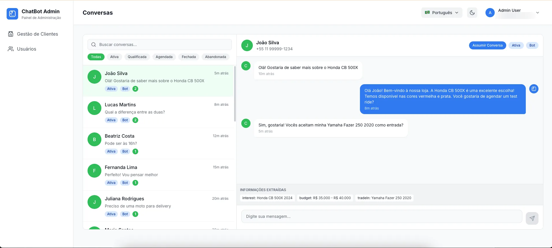 Chatbot — an AI lead-qualification service for professionals, with human takeover and extracted-info panel (mocked data).