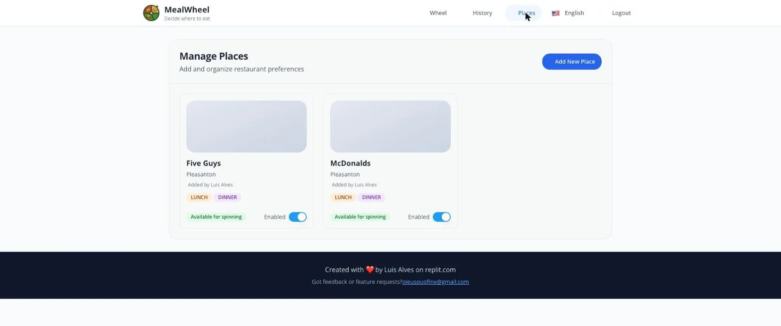 Manage places: add restaurants and toggle which ones are in play.