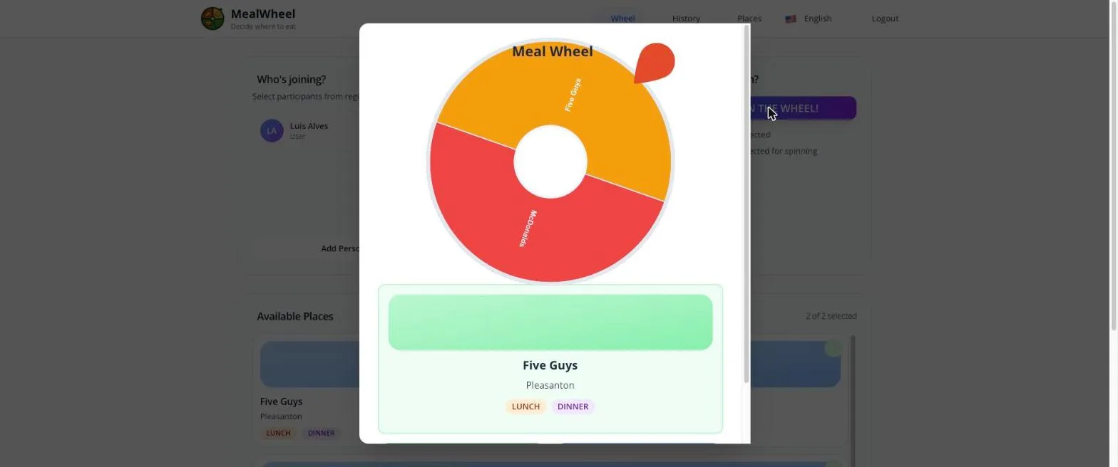 The wheel picks a winner from everyone's shared list of places.