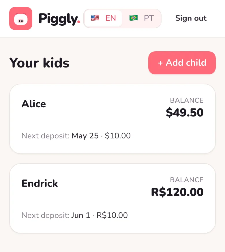 Parent view — each child's balance and their next scheduled deposit.