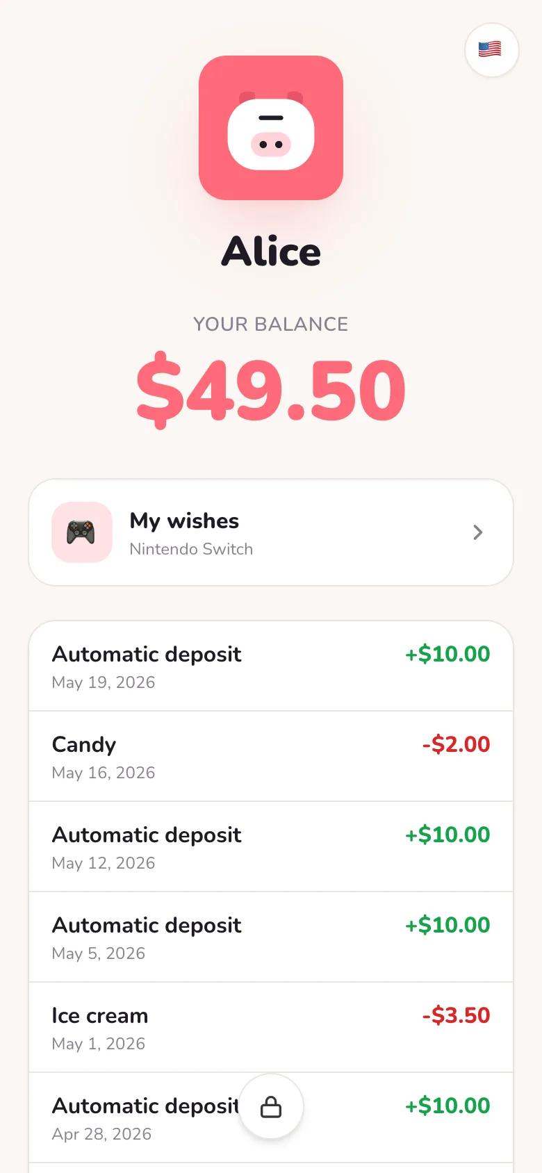 Kid view — balance and transaction history, deposits and spending.