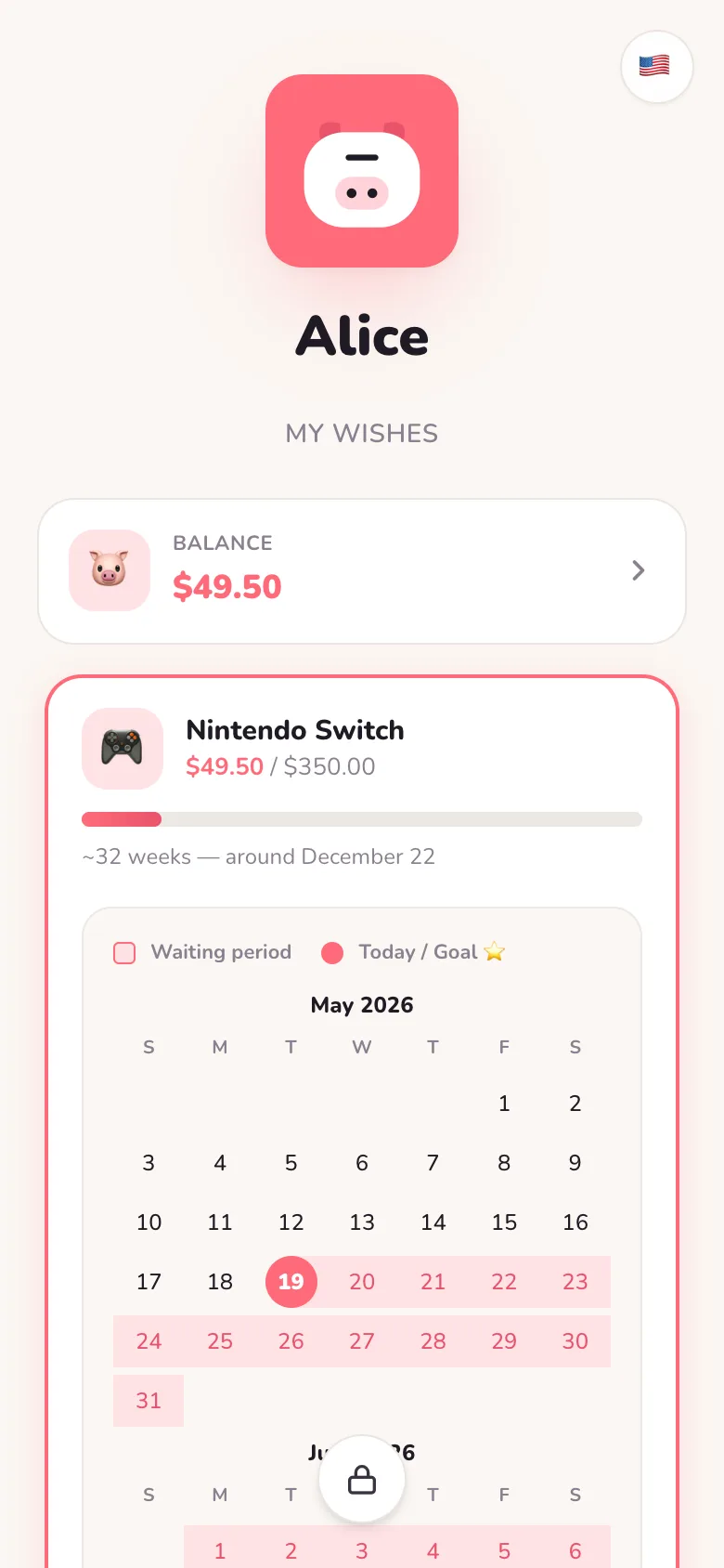 Wishes — the app estimates how long until the child can afford each goal.