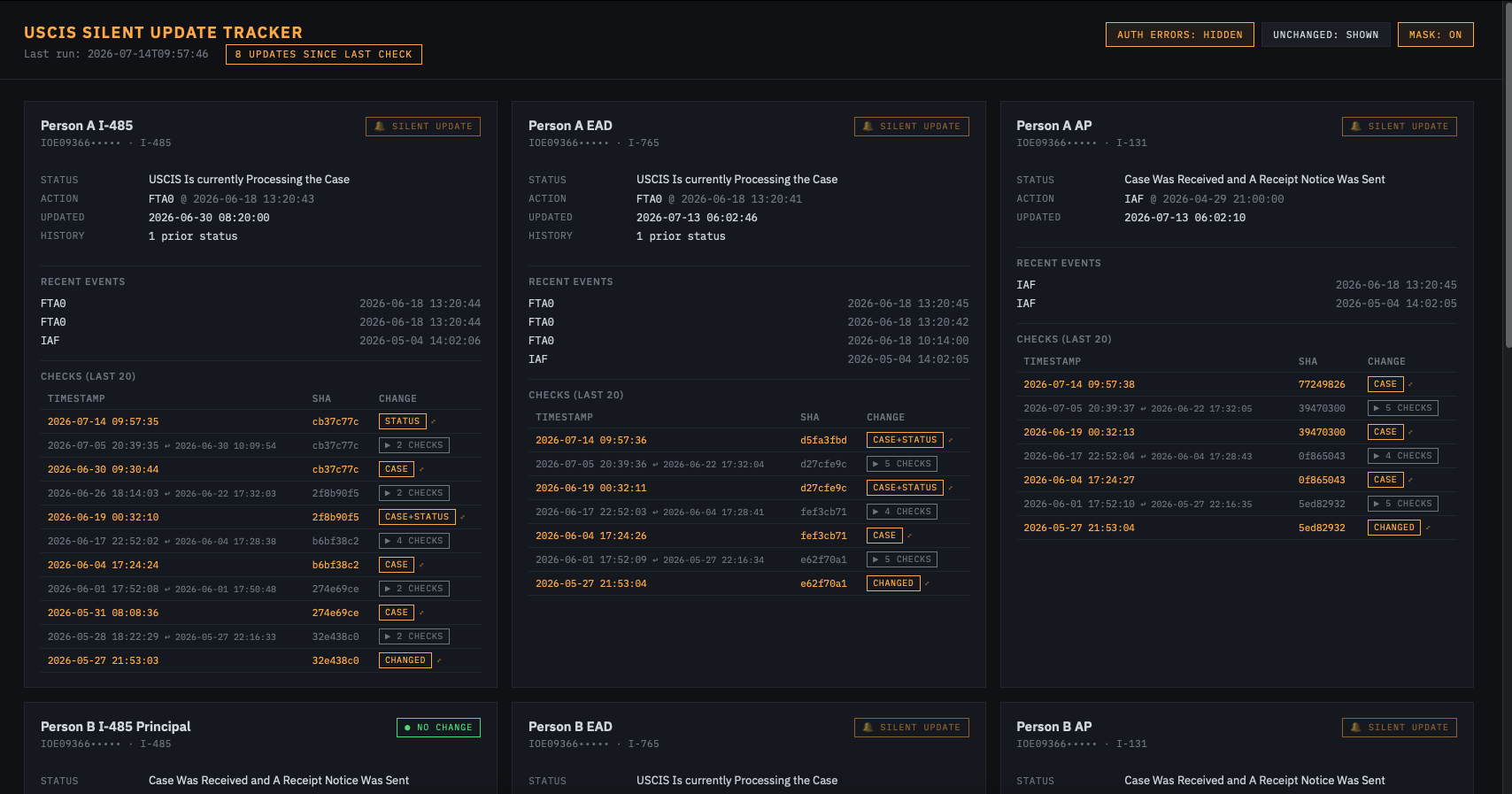 Dashboard — one card per receipt, flagging silent updates and every check with its content hash.