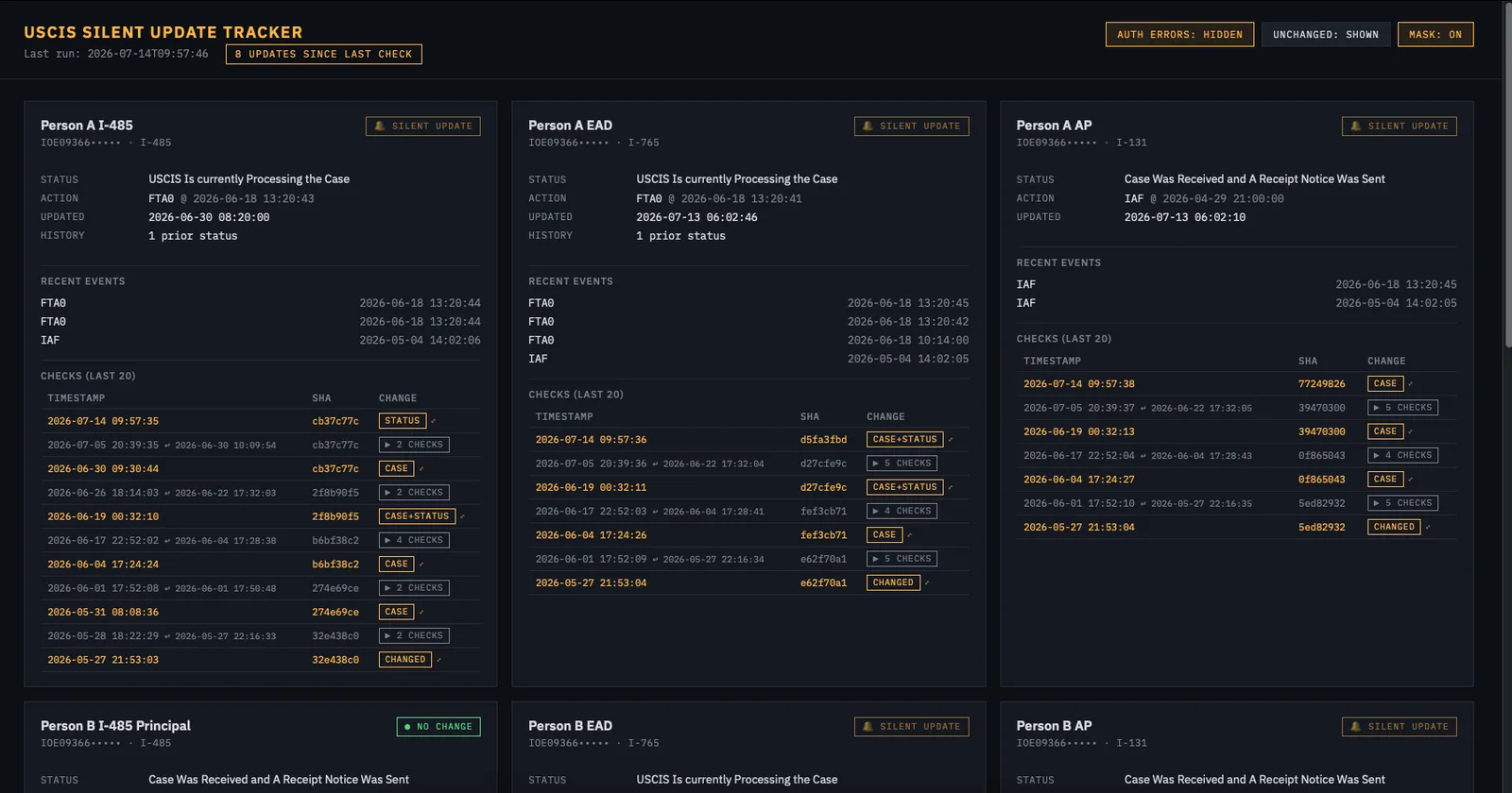 Dashboard — one card per receipt, flagging silent updates and every check with its content hash.